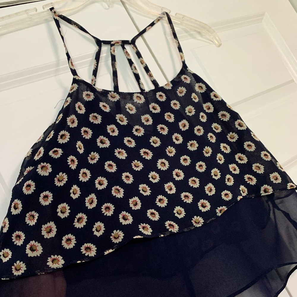 Cropped Tank Top. Navy w\ Flowers.